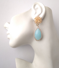 Branch Coral Stud with Haloed Blue Chalcedony Long Drop Earrings