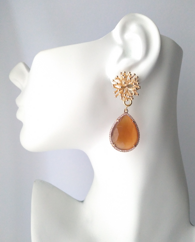 Branch Coral Studs with Haloed Amber Quartz Detachable Dangles