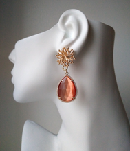 Branch Coral Brass Stud with Haloed Red Orange Cat's Eye Detachable Dangles