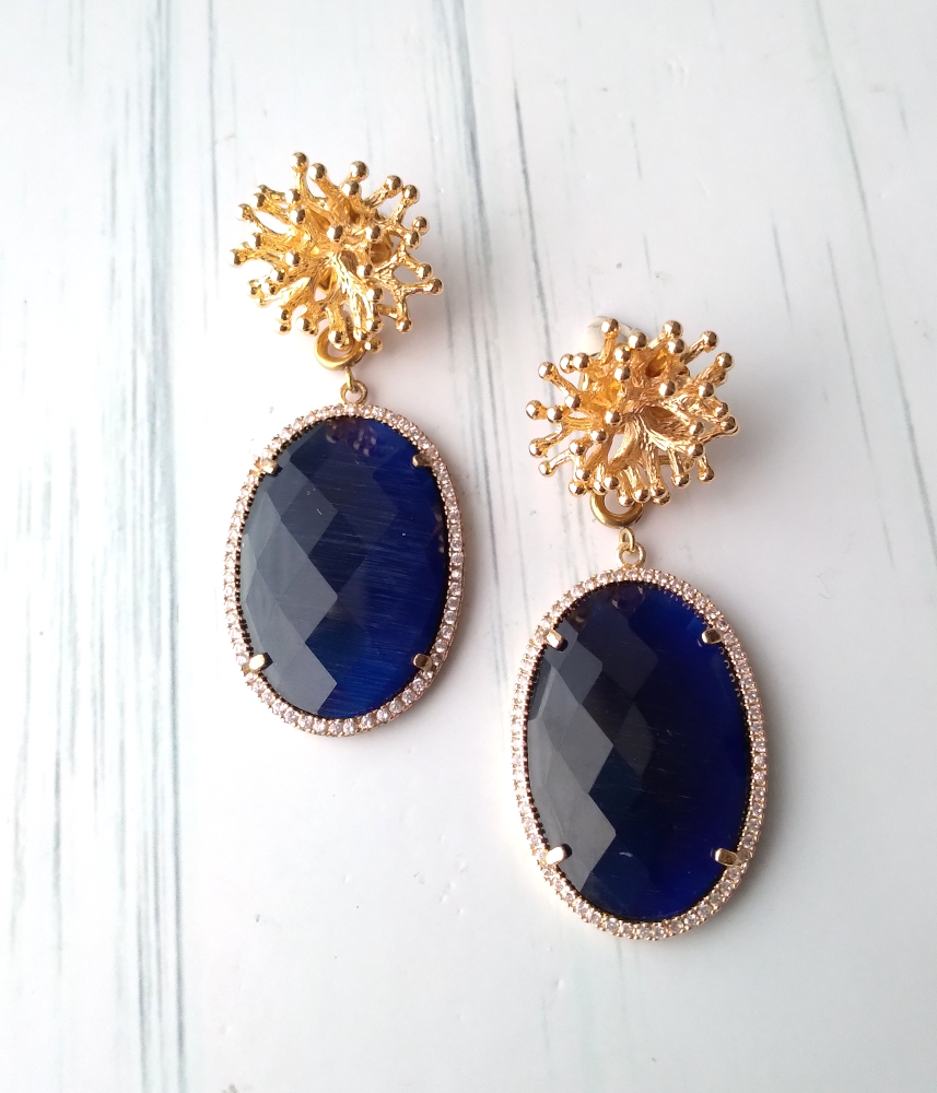 Branch Coral Stud with Navy Blue Quartz Earrings