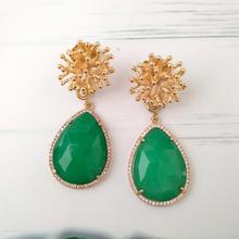 Branch Coral Stud with Haloed Teardrop Green Agate Earrings