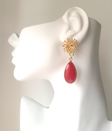 Branch Coral Stud with Carmine Red Jade Earrings