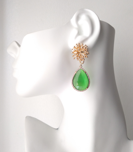 Branch Coral Studs with Haloed Green Cat's Eye Detachable Dangles