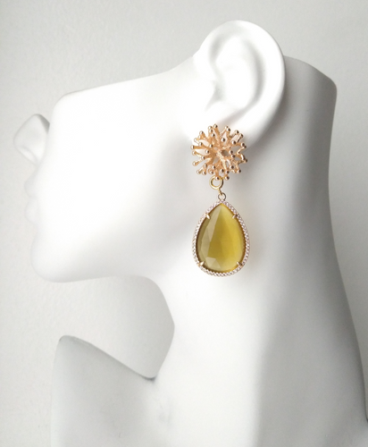 Branch Coral Brass Stud with Haloed Cat's Eye Detachable Dangles