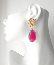 Branch Coral Brass Stud with Haloed Hot Pink Jade Earrings