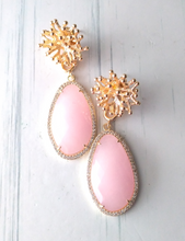 Branch Coral Stud with Haloed Pink Chalcedony Long Drop Earrings