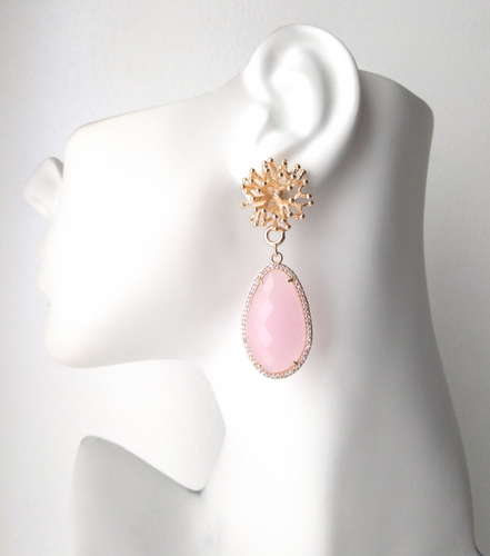 Branch Coral Stud with Haloed Pink Chalcedony Long Drop Earrings