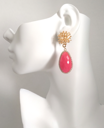 Branch Coral Stud with Haloed Salmon Pink Jade Long Drop Earrings