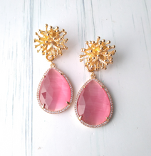 Branch Coral Brass Stud with Haloed Pink Quartz Earrings