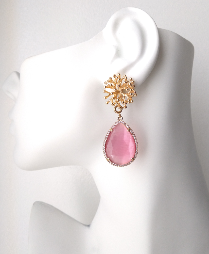 Branch Coral Brass Stud with Haloed Pink Quartz Earrings
