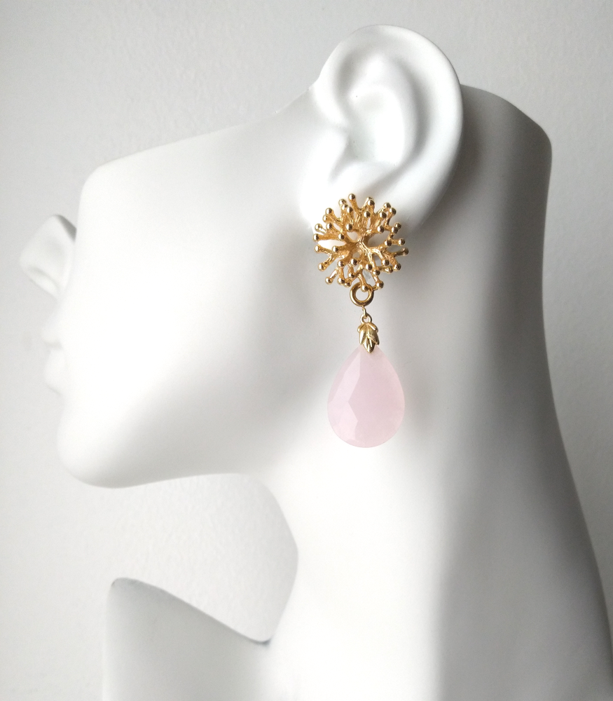 Branch Coral Stud with Rose Quartz Earrings