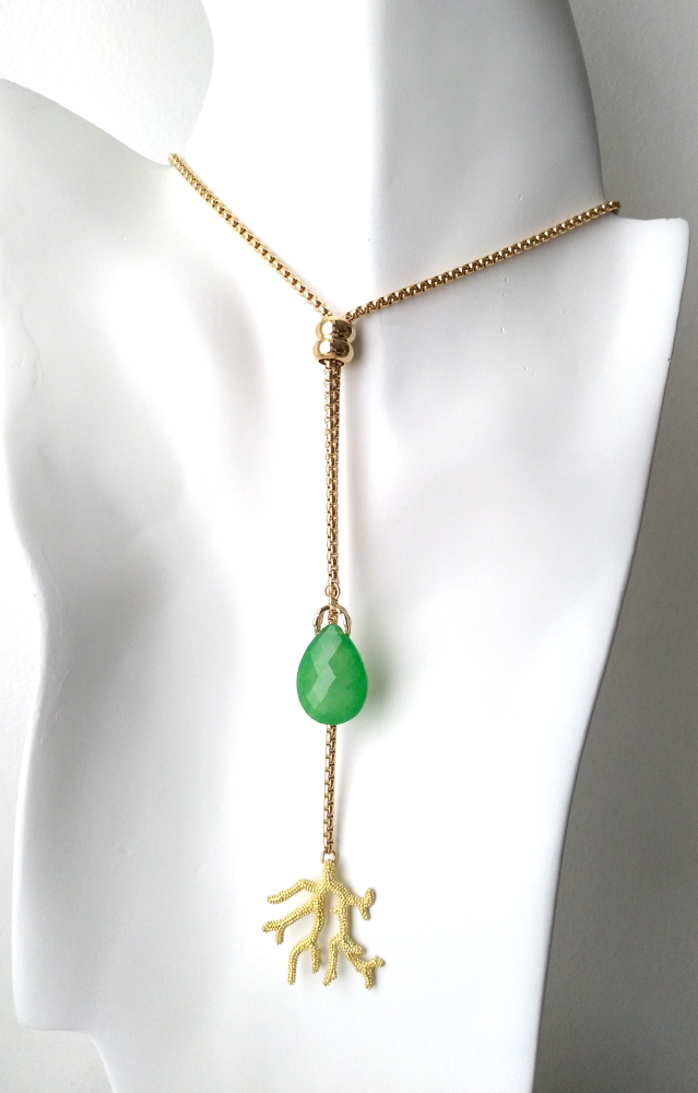 Teardrop Green Jade with Branch Coral Slider Necklace