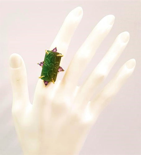 Carved Green Tourmaline & Amethyst Cocktail Ring