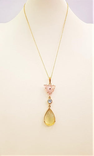 Carved Rose Quartz with Blue Topaz and Lemon Quartz Terra Firma Pendant