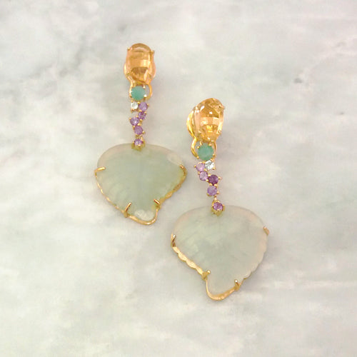 Citrine Stud with Jade, White Topaz , Amethyst & Carved Jade Leaf Twinset Earrings