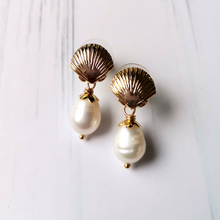 Clam Shell with White Pearls Stud Earrings
