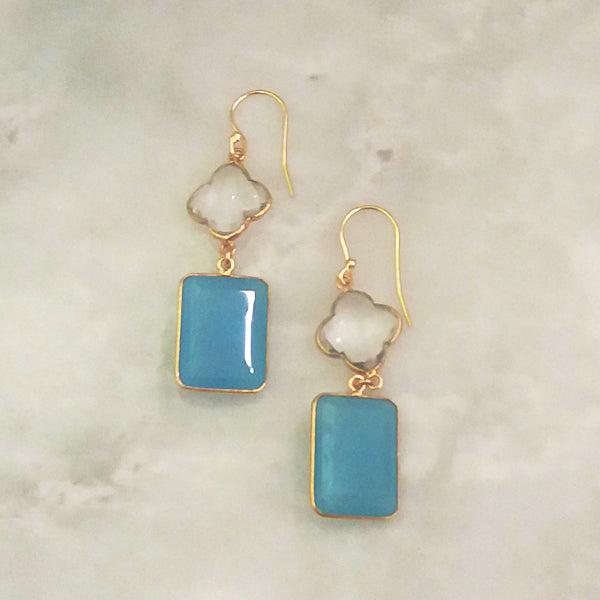 Clear Quartz and Blue Chalcedony Double Drop Earrings