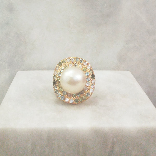South Sea Pearl with Peridot, White Topaz & Blue Topaz Cocktail Ring
