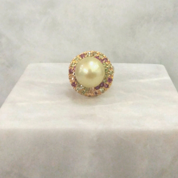 South Sea Pearl with Rhodolite Garnet, Peridot & Citrine Cocktail Ring