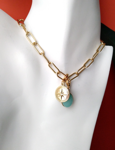 Compass with Gems Paperclip Necklace