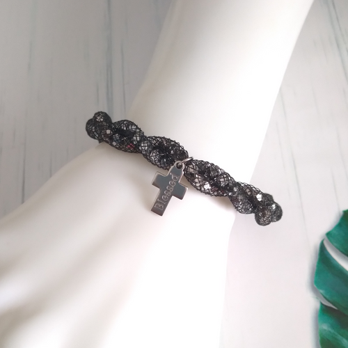 Black Crystal Mesh Blessed Cross Bracelet