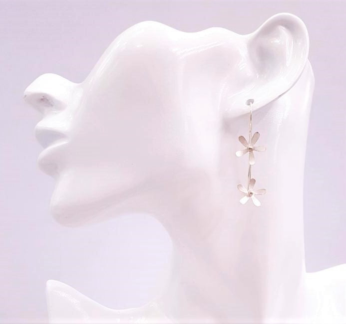 Double Flower Silver Hook Earrings