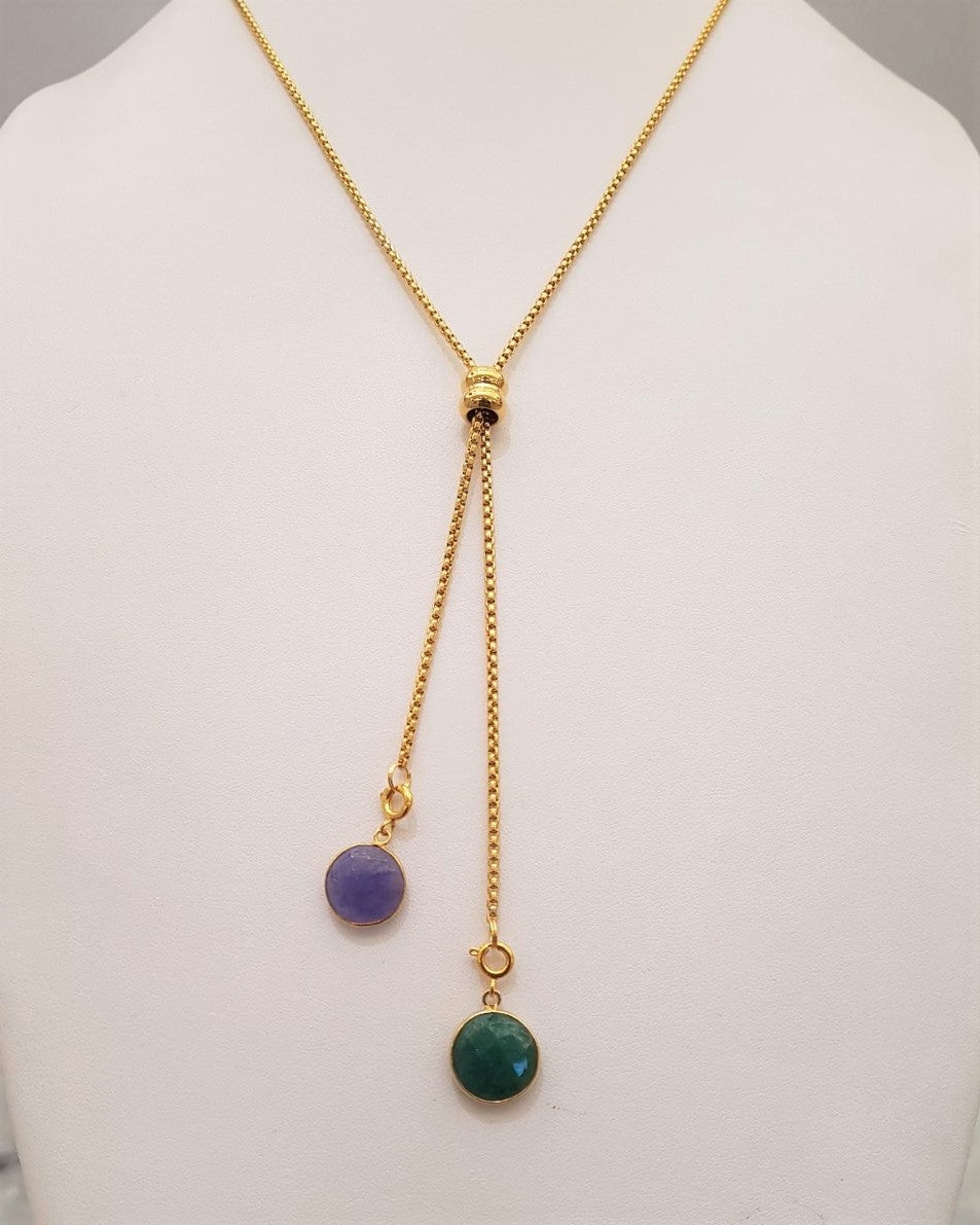 Blue Sapphire and Emerald Affirmation Slider Necklace 2 Tone