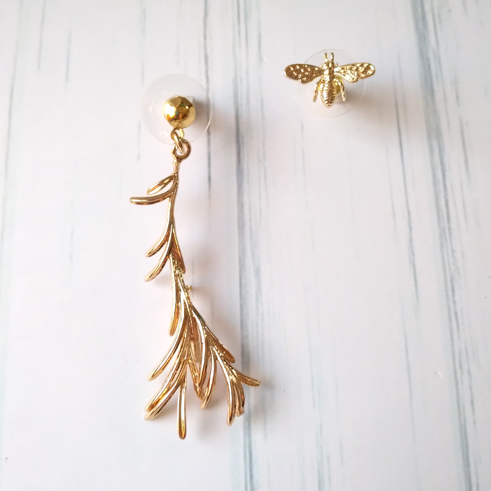 Feather and Bee Asymmetric Earrings