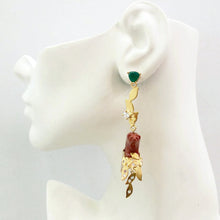 'Foliage' Twinset Earrings with Green Agate, White Topaz & Red Jasper carved Bear