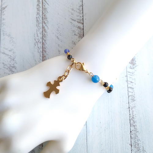 Gemstone Rosary Bracelet with Metal Cross