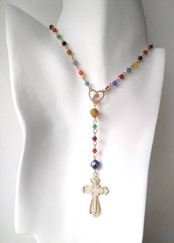 Gemstone Rosary with Cubic Zirconia Metal Cross Necklace
