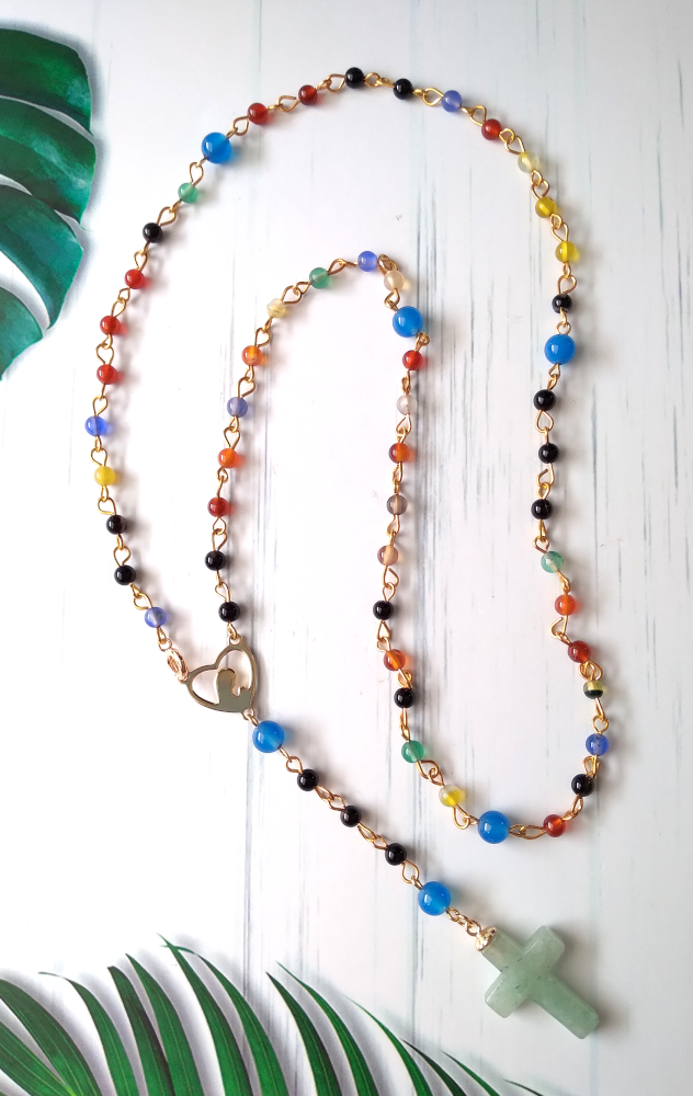 Gemstone Rosary with Green Jade Cross Necklace