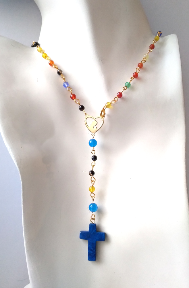 Gemstone Rosary with Lapis Lazuli Cross Necklace