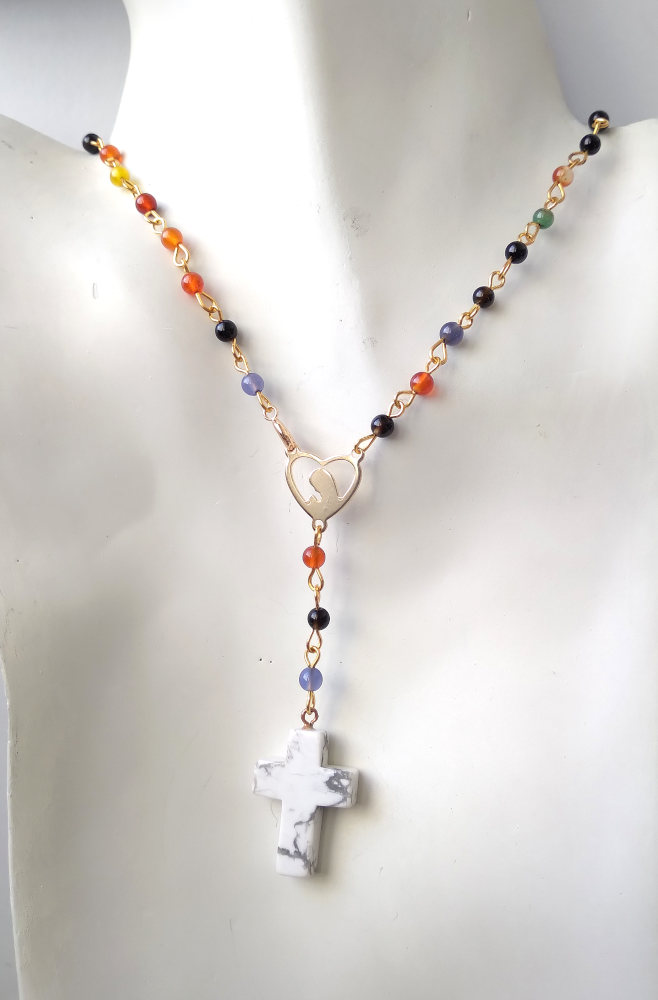 Gemstone Rosary with White Howlite Cross Necklace