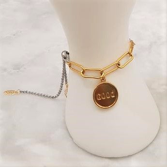 Good Affirmation Charm Paperclip Slider Bracelet 2 Tone