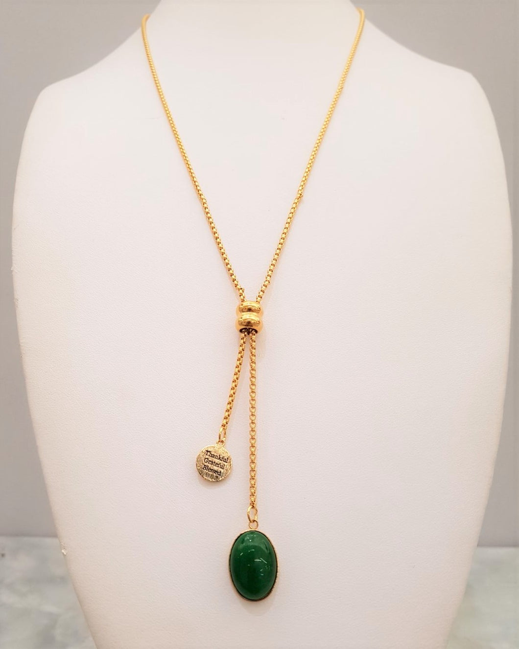 Green Jade Thankful, Grateful and Blessed Affirmation Slider Necklace