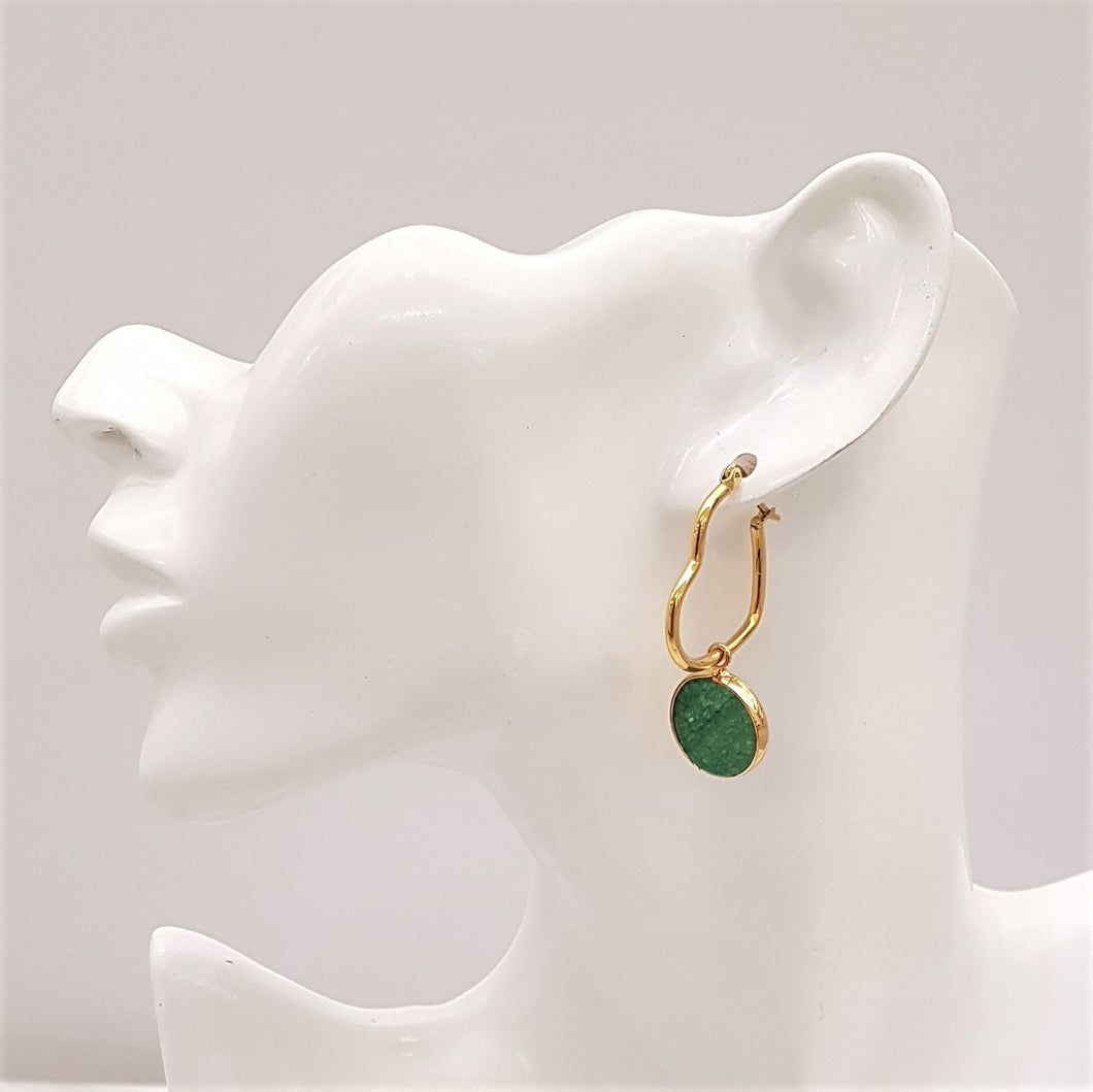 Round Green Druzy Agate Single Drop Heart Hoop Earrings