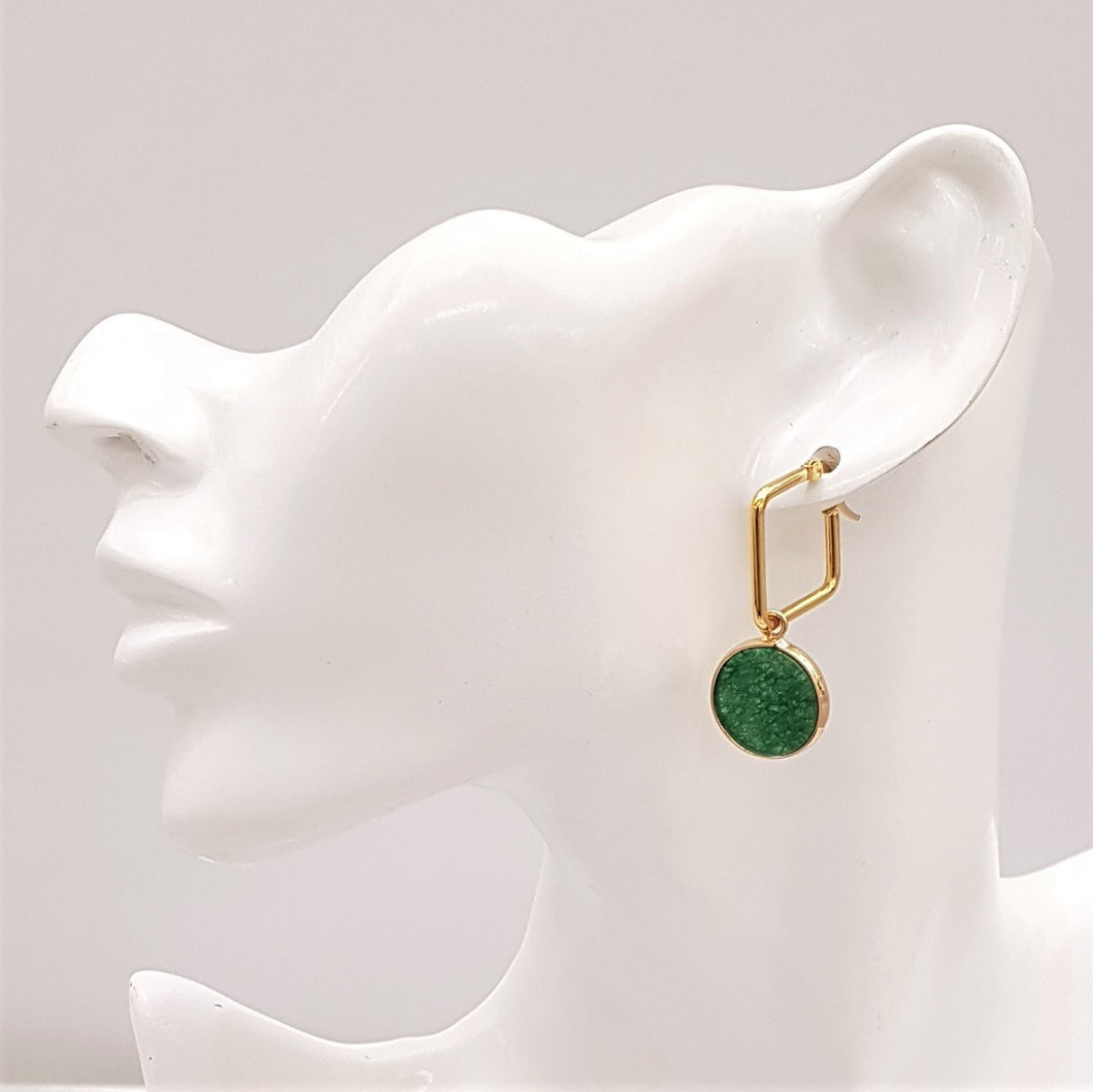 Round Green Druzy Agate Single Drop Square Hoop Earrings