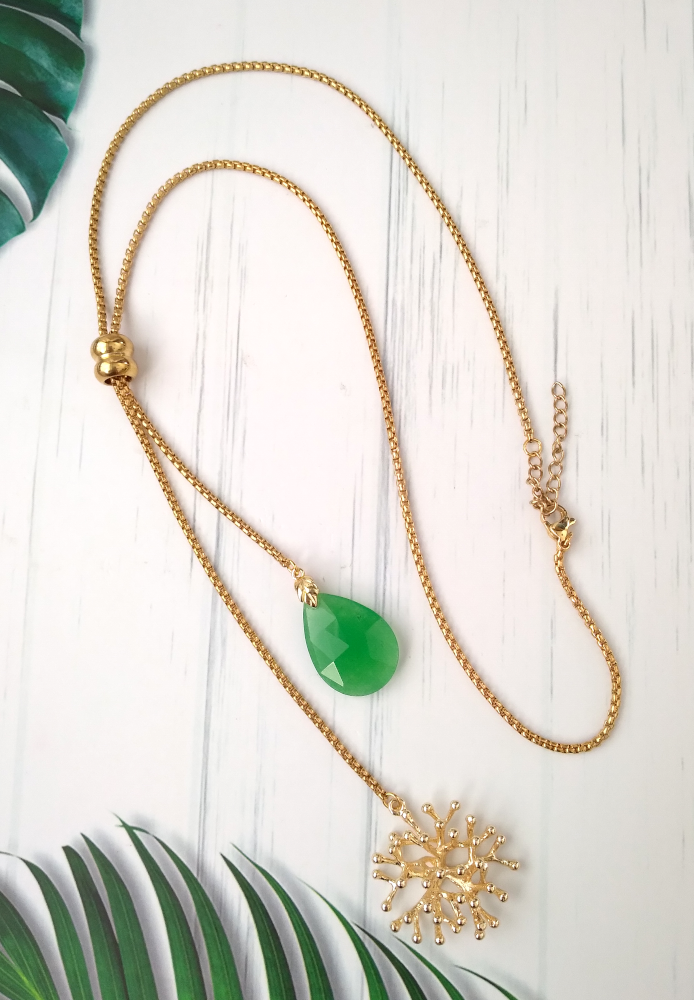 Green Jade with Round Branch Coral Slider Necklace
