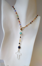 Gemstone Rosary with White Quartz Cross Necklace