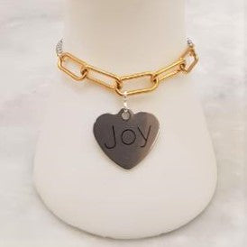 Heart of Joy Affirmation Charm Paperclip Slider Bracelet 2 Tone