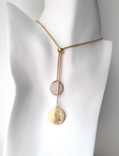 Miraculous Medal Charm with White Mother of Pearl Slider Necklace