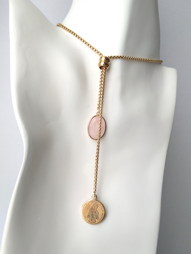 Oval Rose Quartz with Miraculous Medal Charm Slider Necklace