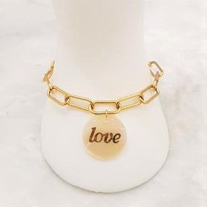 Mother of Pearl Love Affirmation Charm Paperclip Slider Bracelet 2 Tone