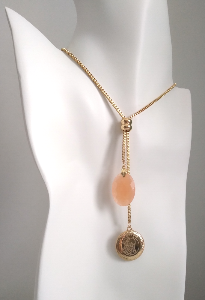 Oval Peach Jade with Padre Pio Slider Necklace