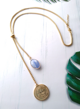 Oval Blue Lace Agate with Padre Pio Charm Slider Necklace