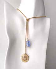 Oval Blue Lace Agate with Padre Pio Charm Slider Necklace