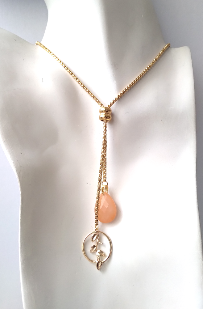 Peach Jade and Round Branches Charm Slider Necklace