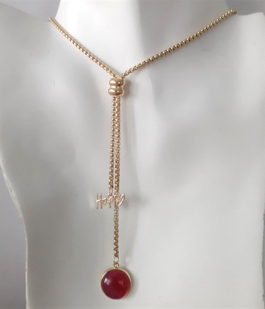 Pink Agate & Happy Charm Affirmation Slider Necklace