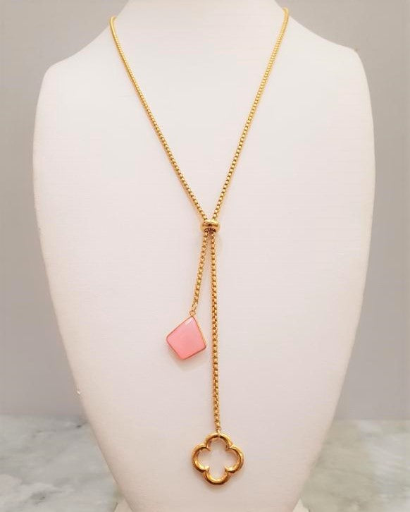 Pink Chalcedony with Four Leaf Clover Affirmation Slider Necklace